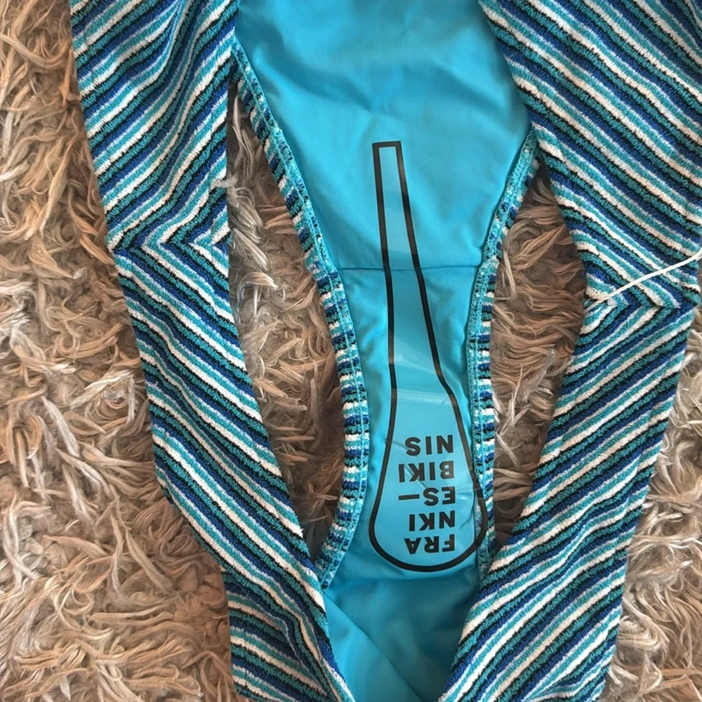 Frankie’s Bikinis Blue Stripe Bay View Terry Top & Dove Terry Bottom Bikini Set